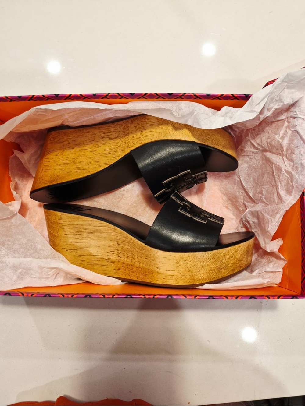 Tory Burch Black Leather Wood-Effect Wedge Slide Sandals - Women size 6